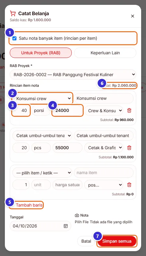 Form belanja satu nota dengan dua item
