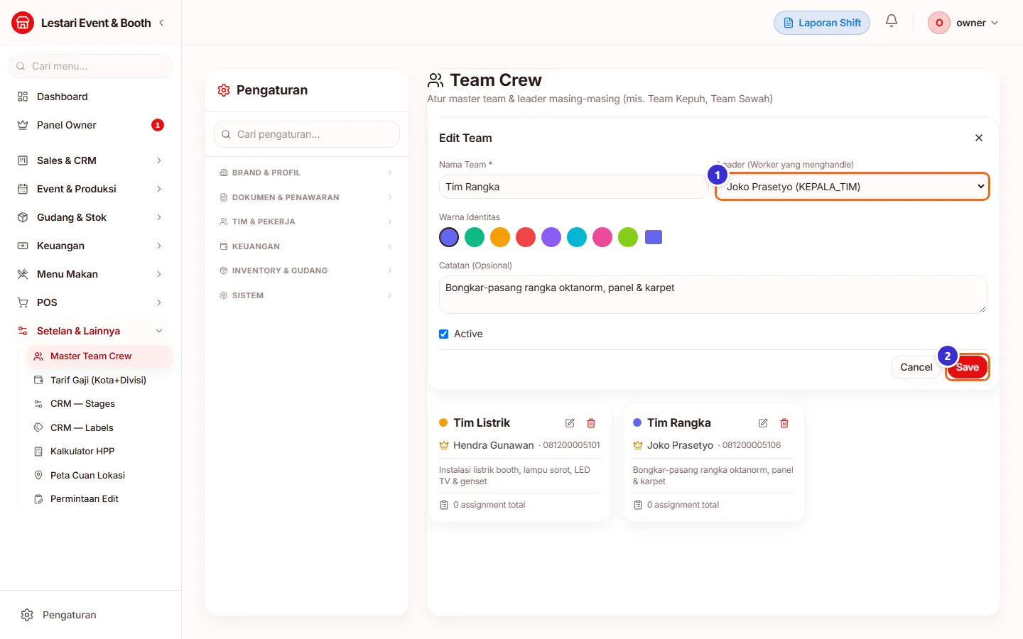 Formulir Edit Team dengan dropdown leader