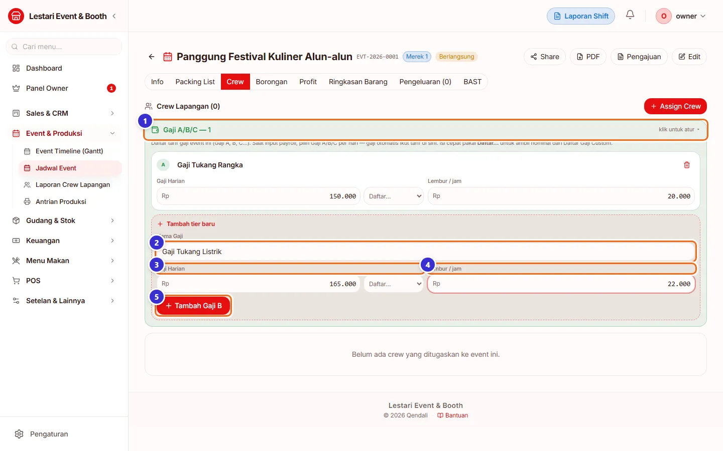 Panel Gaji A/B/C dengan tier Gaji Tukang Rangka dan form tier baru