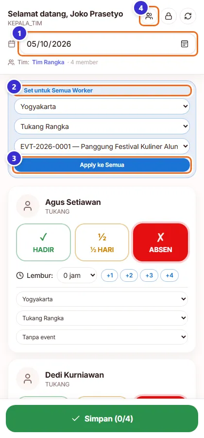 Halaman absensi PIC dengan panel Set untuk Semua Worker