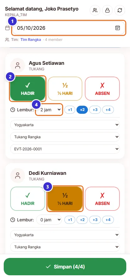 Link absensi dibuka ulang: Agus HADIR lembur 2 jam, Dedi ½ HARI