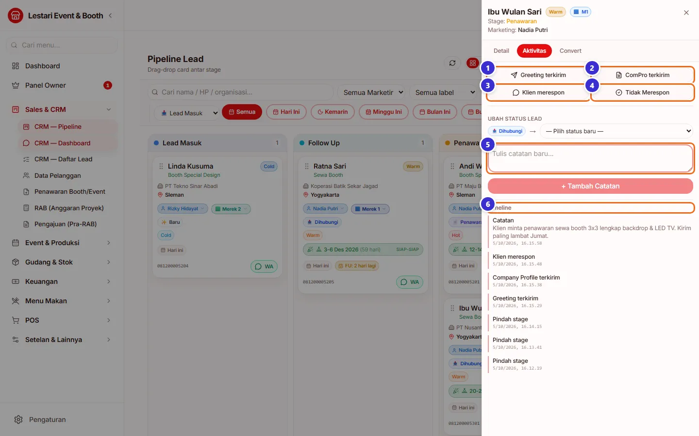 Tab aktivitas dengan timeline