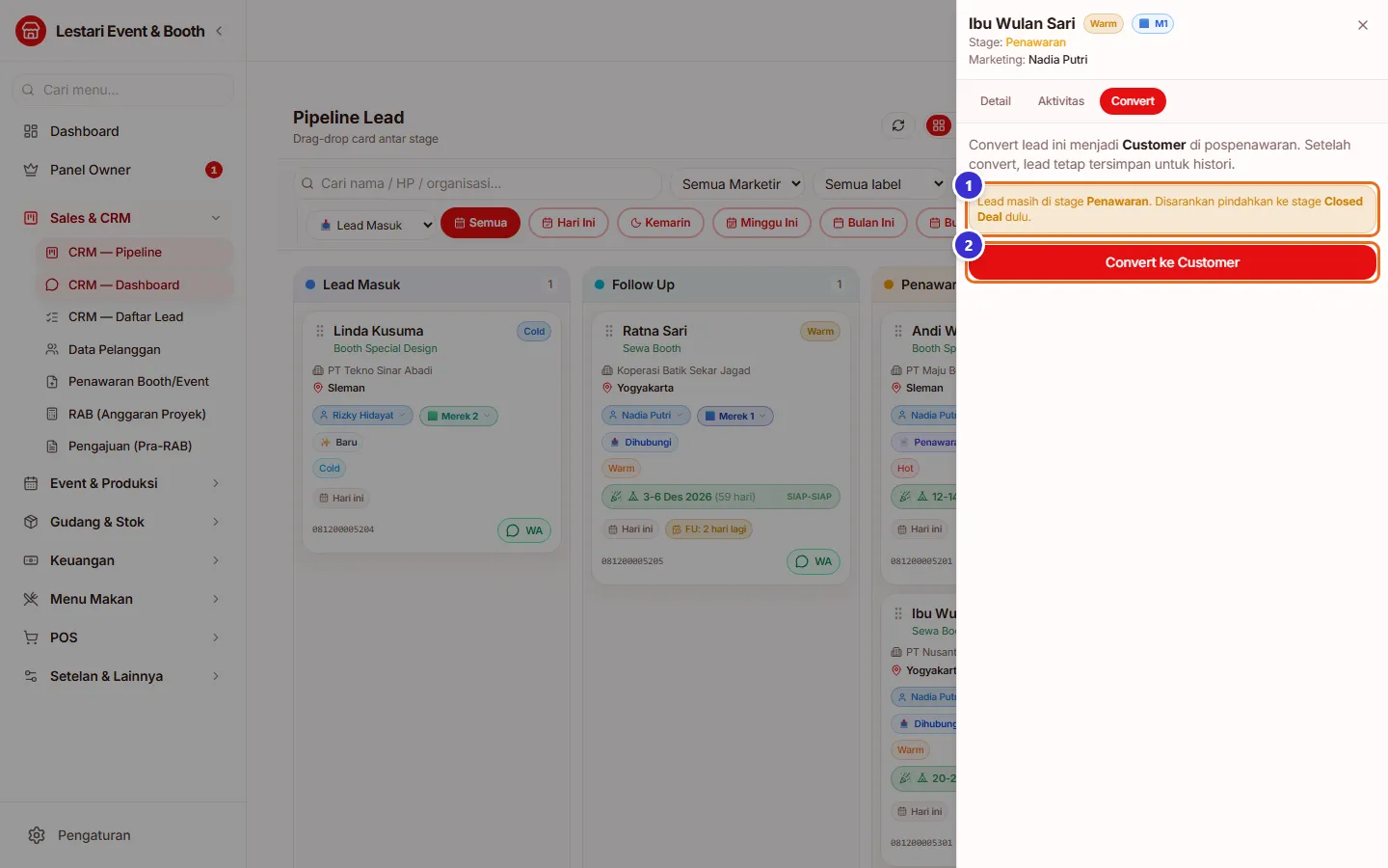 Tab Convert dengan tombol Convert ke Customer