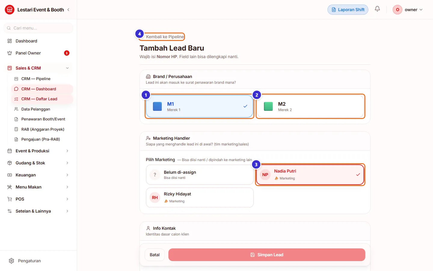 Formulir tambah lead bagian merek dan marketing