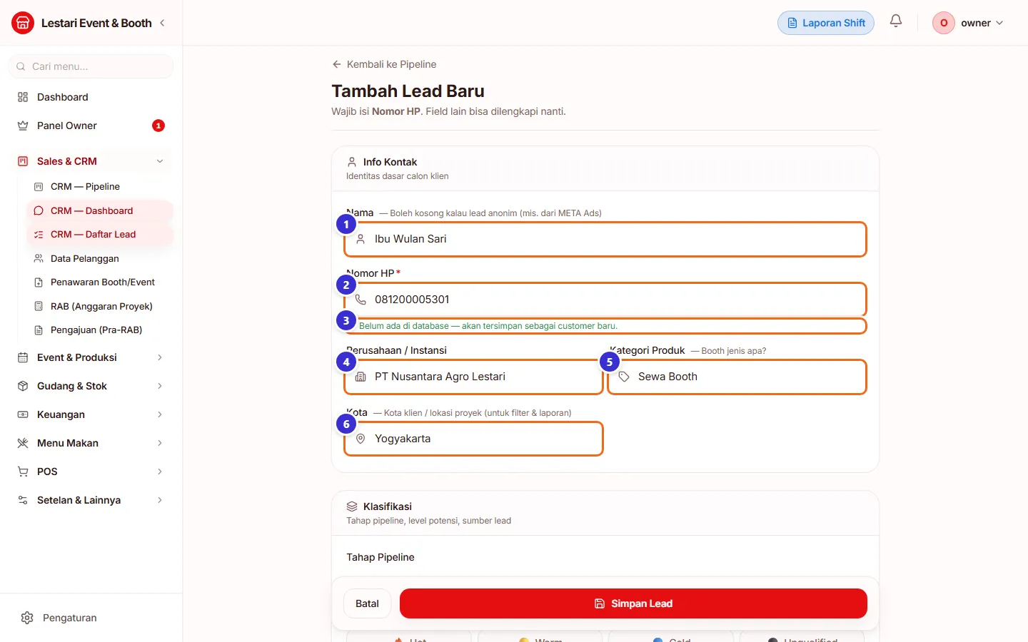 Bagian info kontak terisi