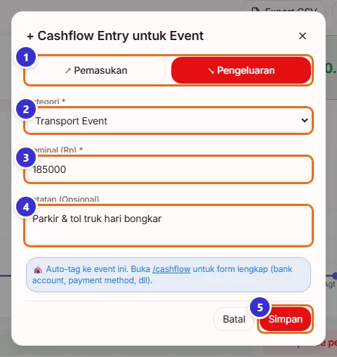 Dialog Cashflow Entry untuk Event