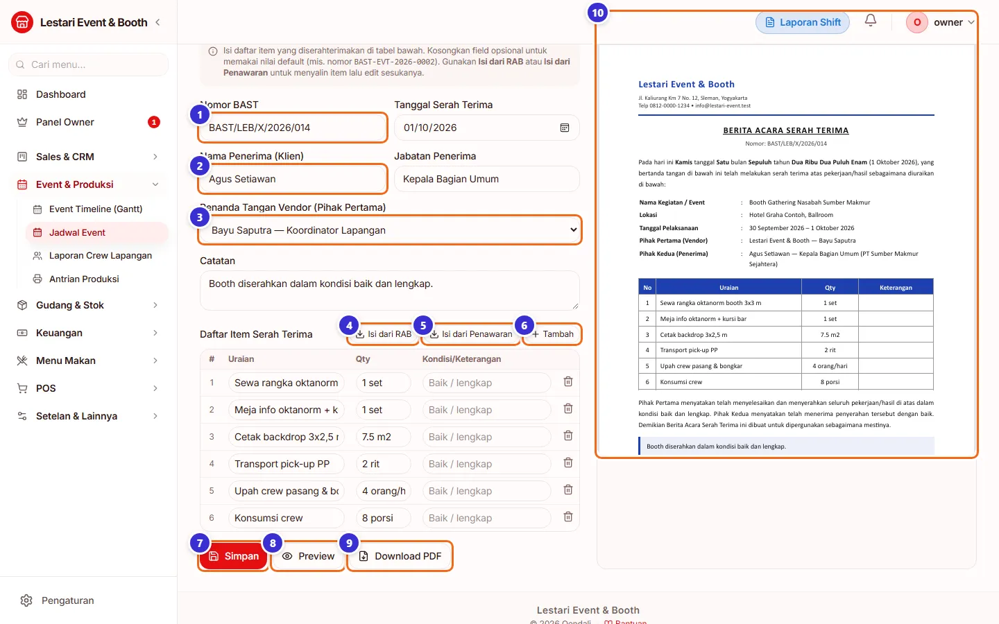 Tab BAST dengan form terisi dan pratinjau dokumen