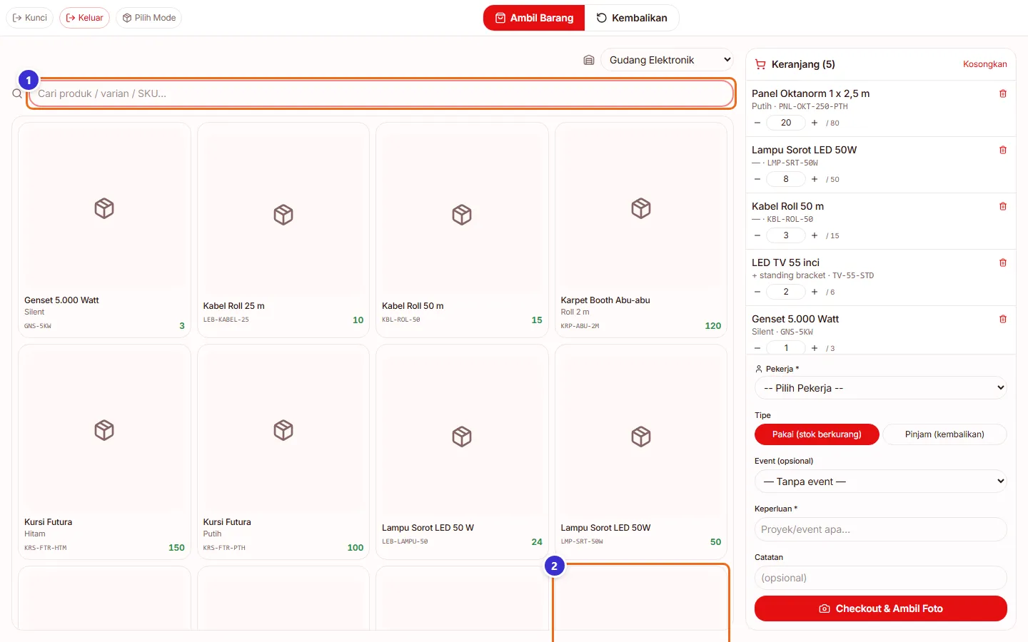Kiosk dengan daftar barang dan keranjang
