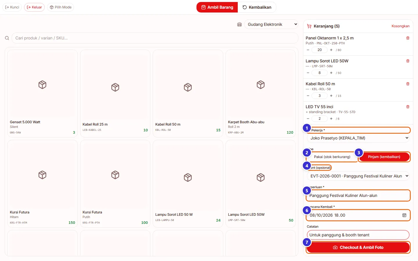 Keranjang dengan 5 barang dan formulir checkout