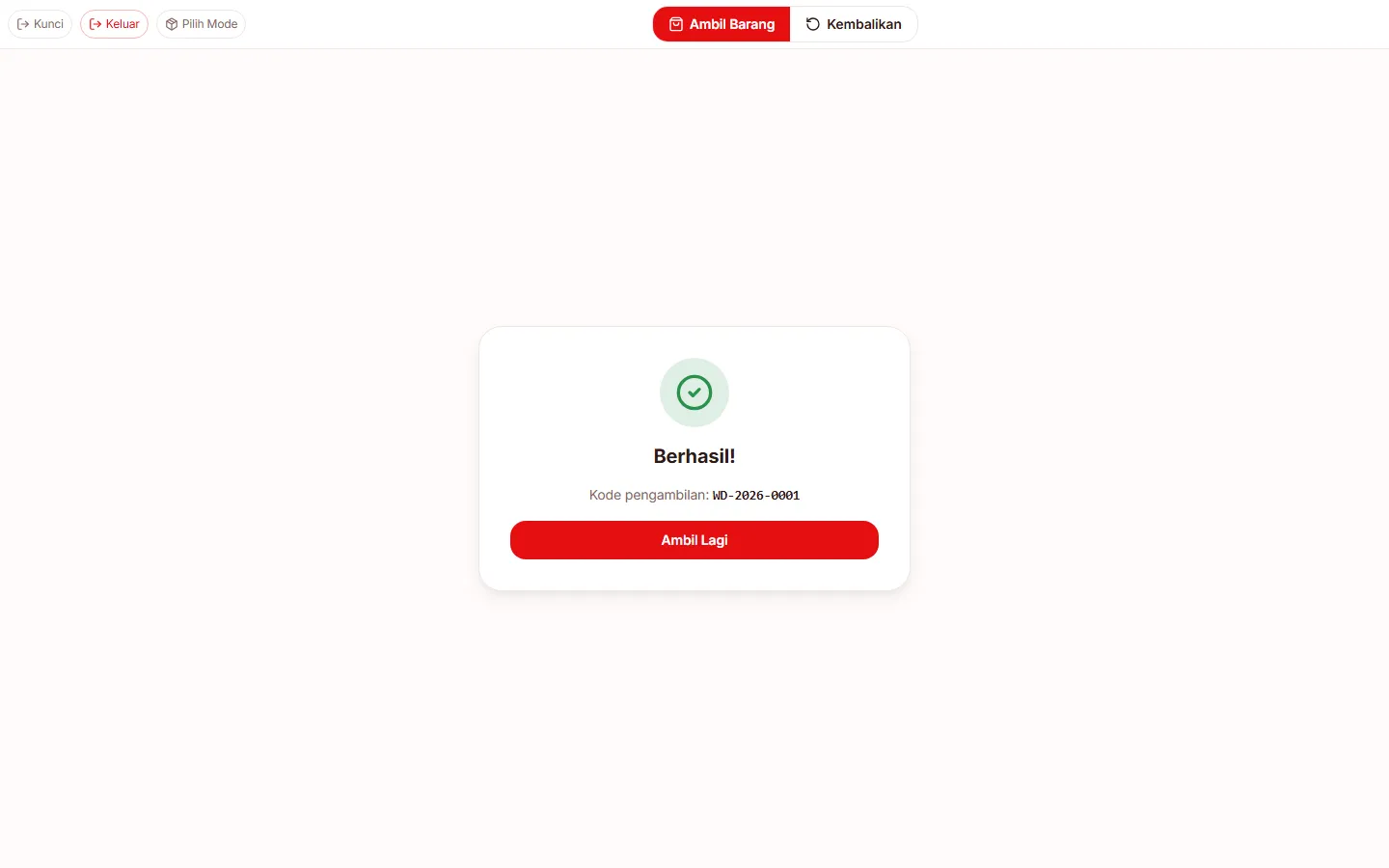 Layar Berhasil dengan kode pengambilan