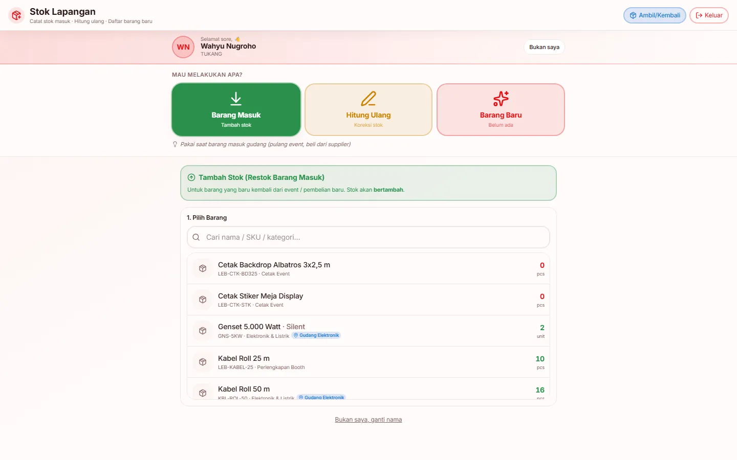 Daftar barang setelah restok