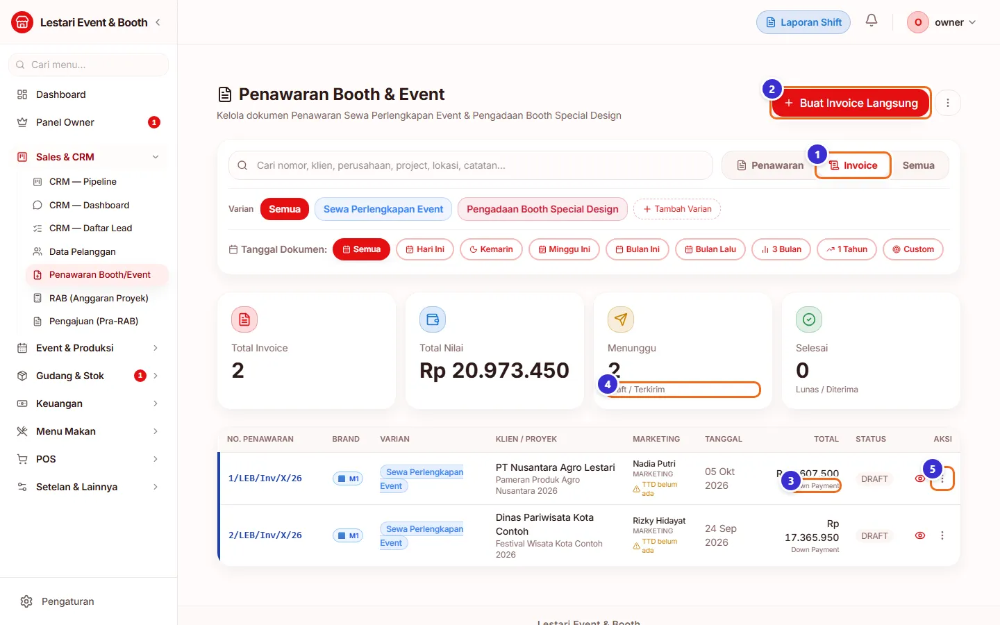 Daftar invoice di tab Invoice
