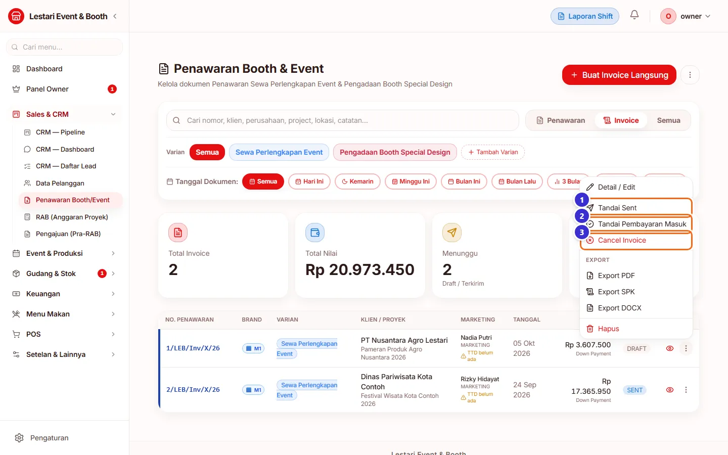 Menu aksi invoice