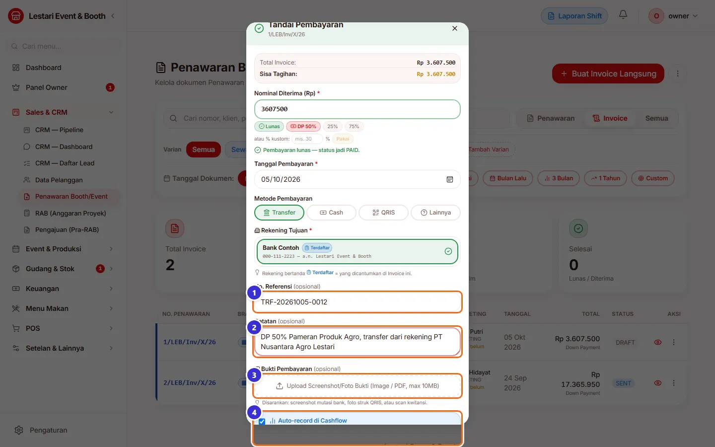 Jendela Tandai Pembayaran bagian bawah
