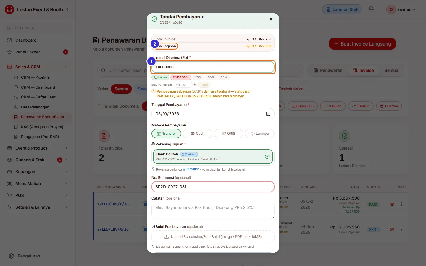 Pembayaran sebagian 10 juta
