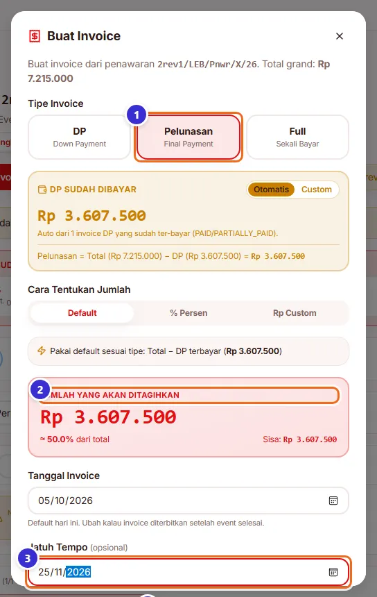 Jendela Buat Invoice pelunasan