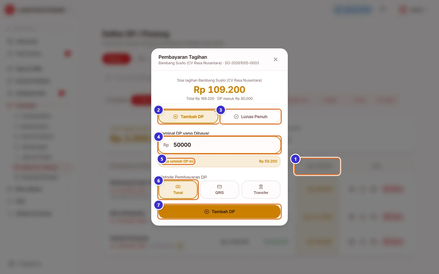 Jendela pembayaran tagihan mode tambah DP