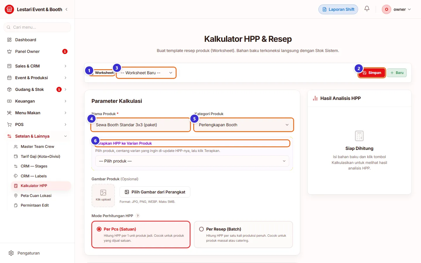 Bagian atas Kalkulator HPP