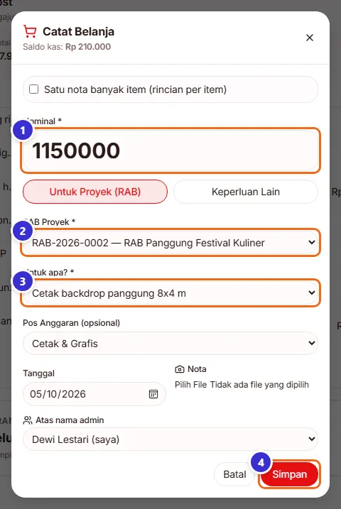 Form Catat Belanja Rp 1.150.000 untuk Cetak backdrop panggung