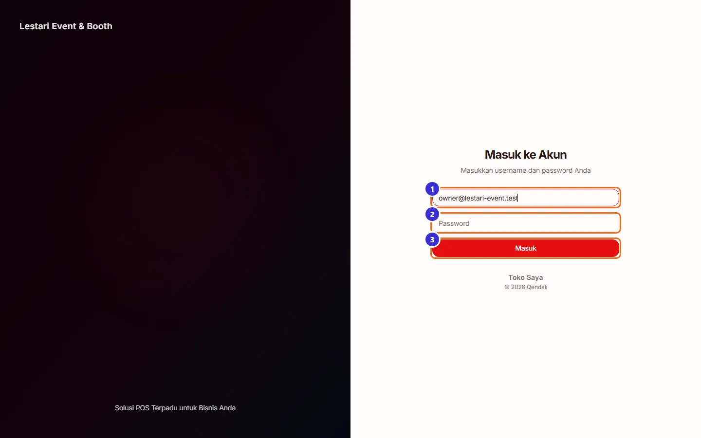 Layar masuk dengan kolom email, sandi, dan tombol Masuk