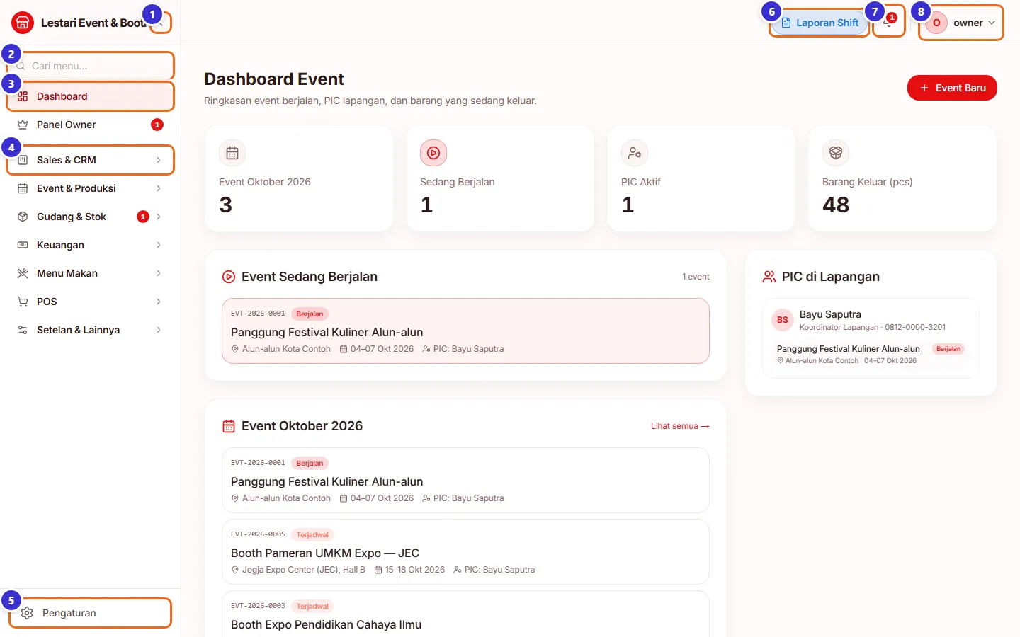 Tampilan utama dengan sidebar kiri dan Dashboard Event