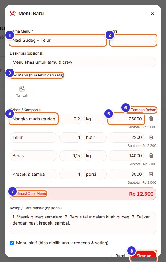Formulir Menu Baru dengan empat bahan