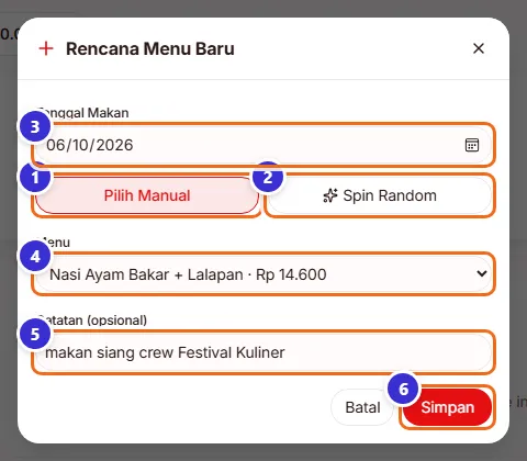 Form rencana menu manual