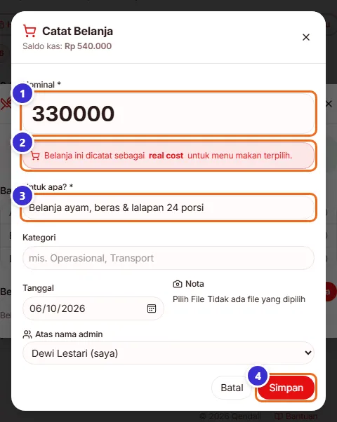 Form catat belanja untuk menu makan