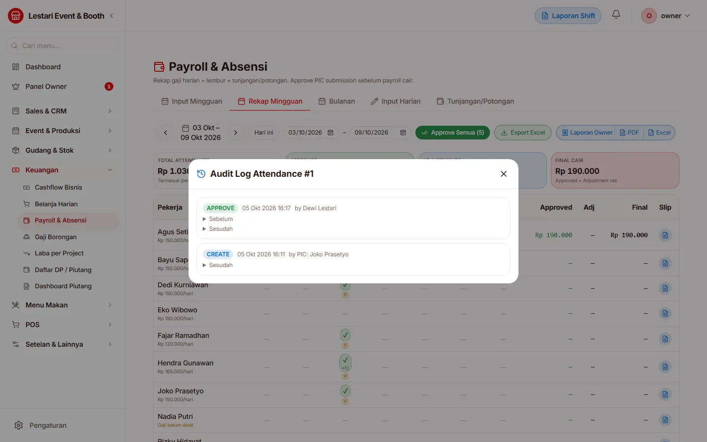 Jendela Audit Log Attendance