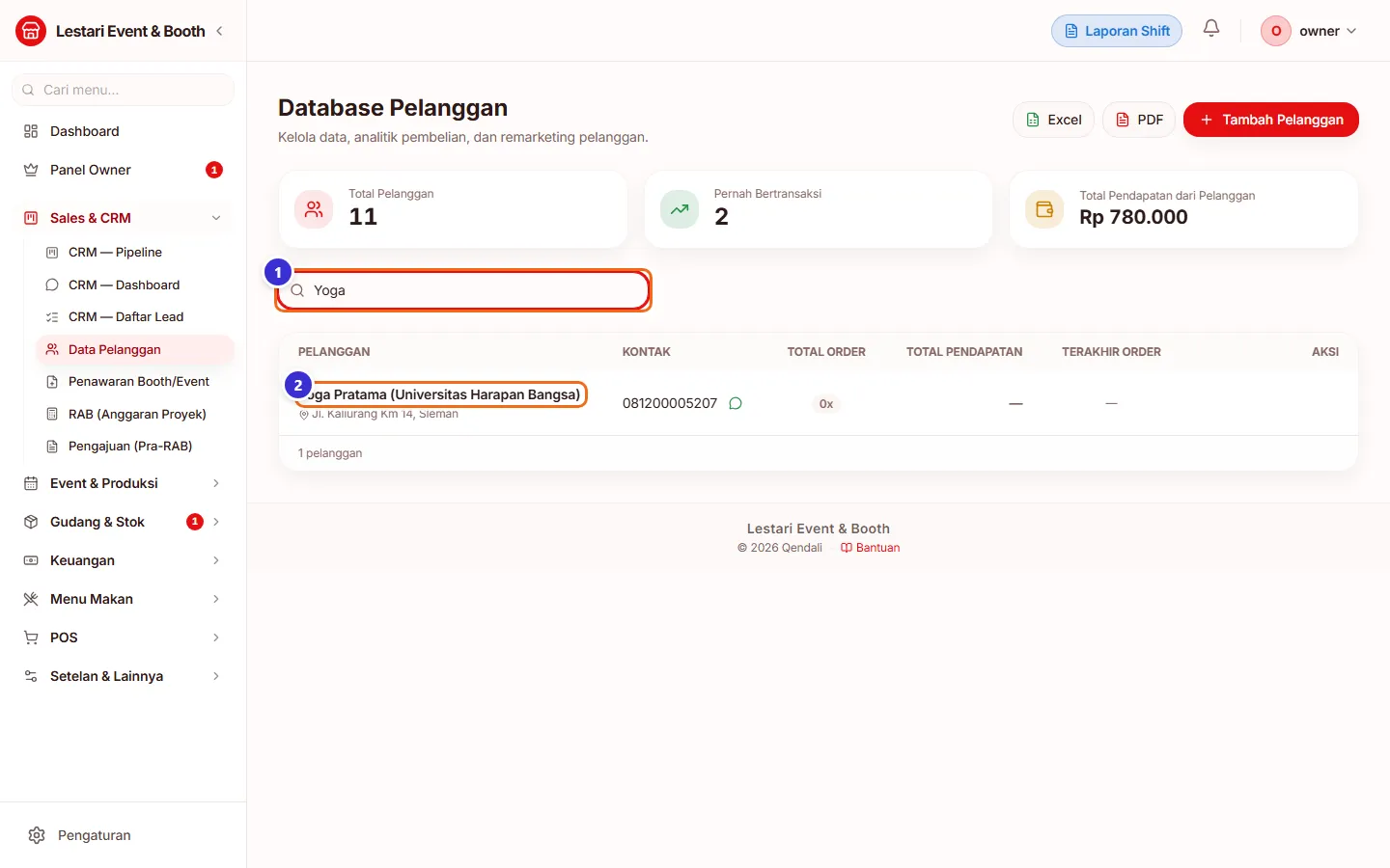 Hasil pencarian pelanggan
