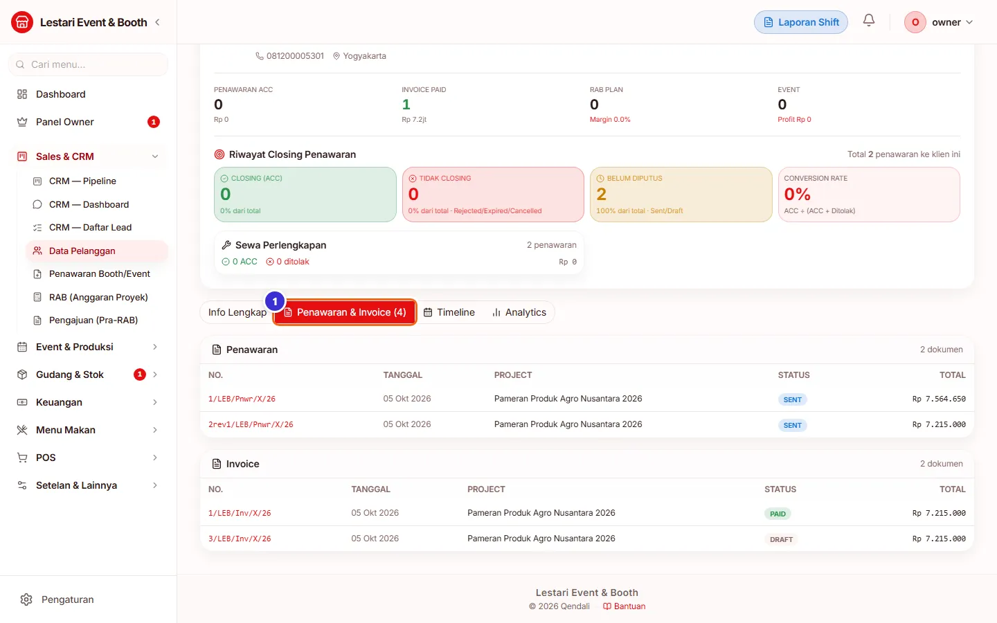 Tab penawaran dan invoice pelanggan