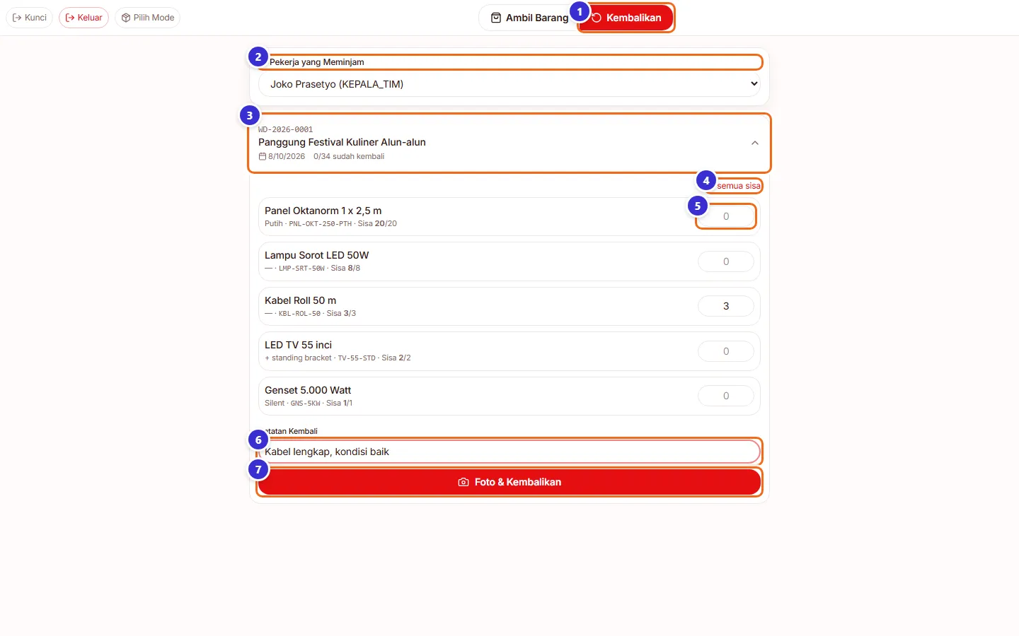 Kiosk mode Kembalikan dengan daftar barang pinjaman