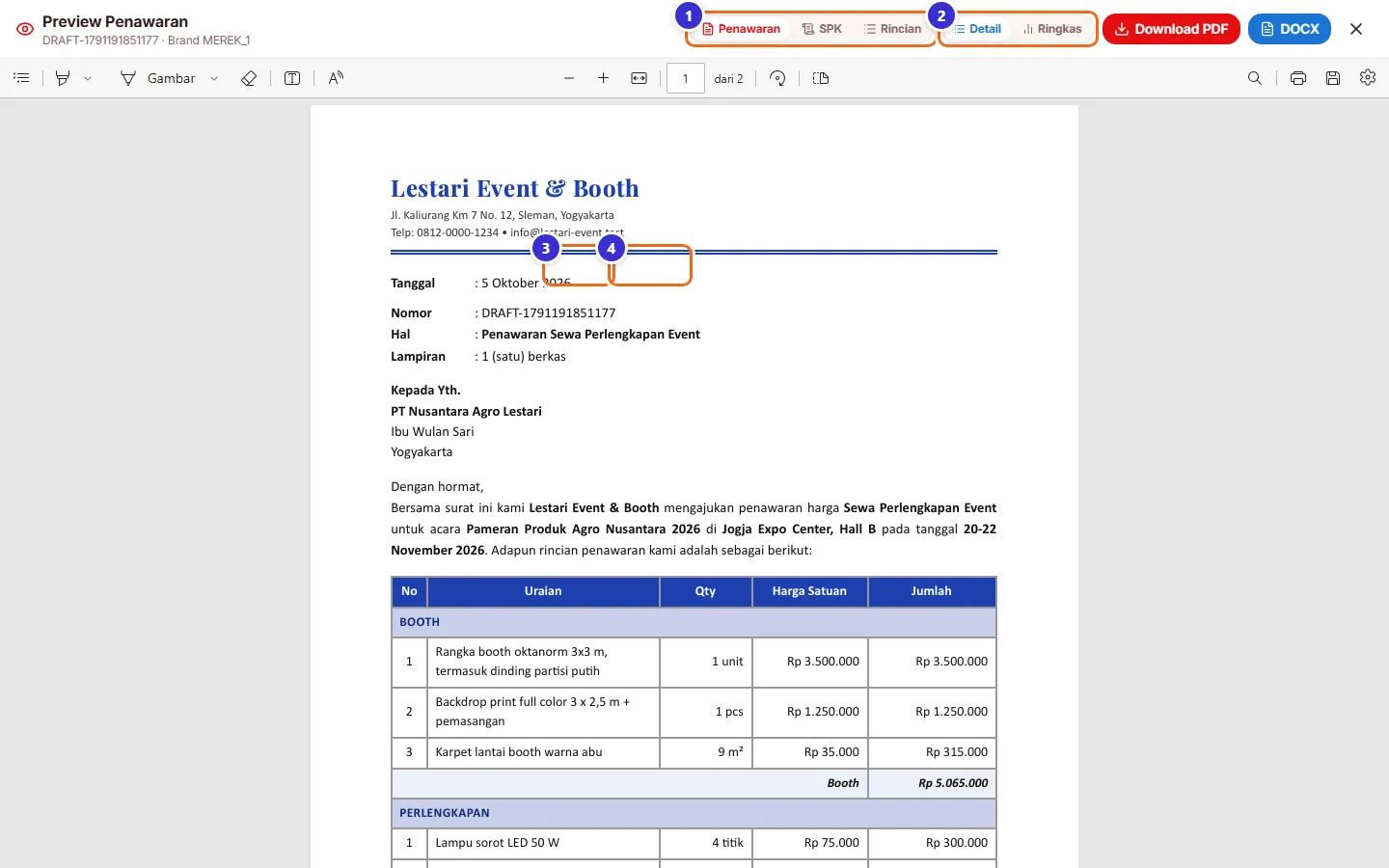 Pratinjau PDF surat penawaran