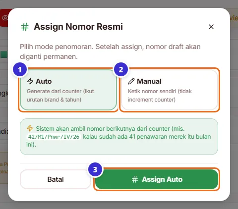 Jendela Assign Nomor Resmi