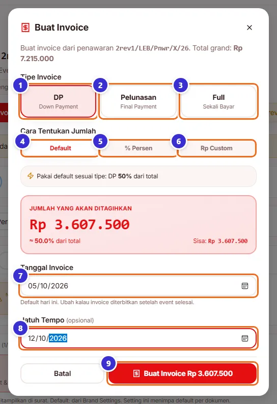 Jendela Buat Invoice dari penawaran