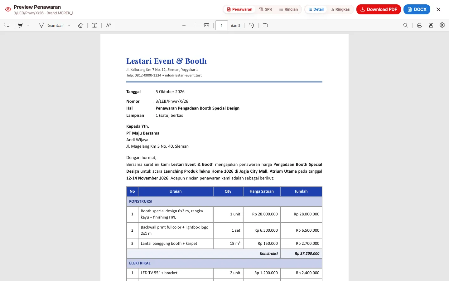 Pratinjau surat penawaran pengadaan booth