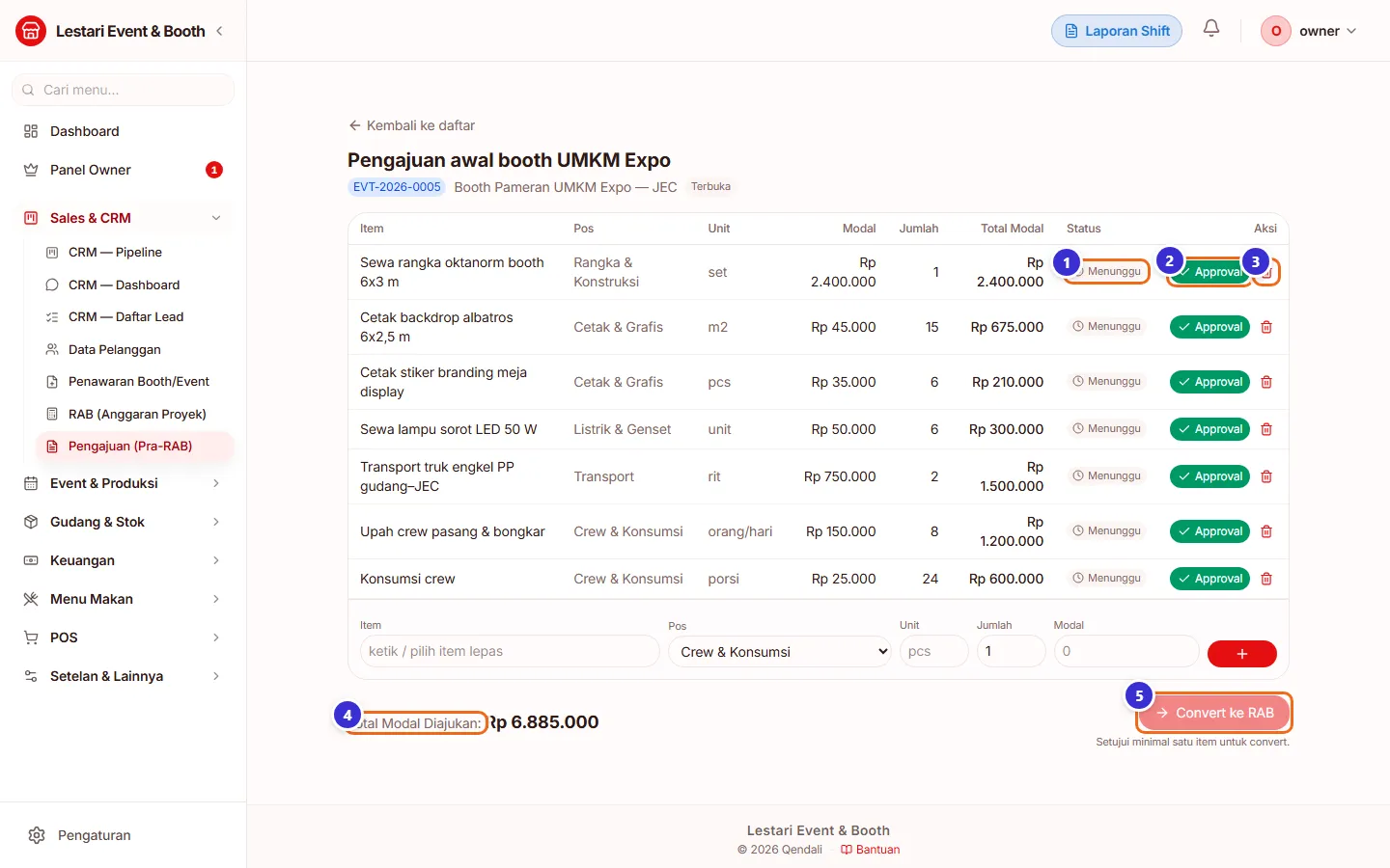 Tabel item pengajuan berstatus Menunggu