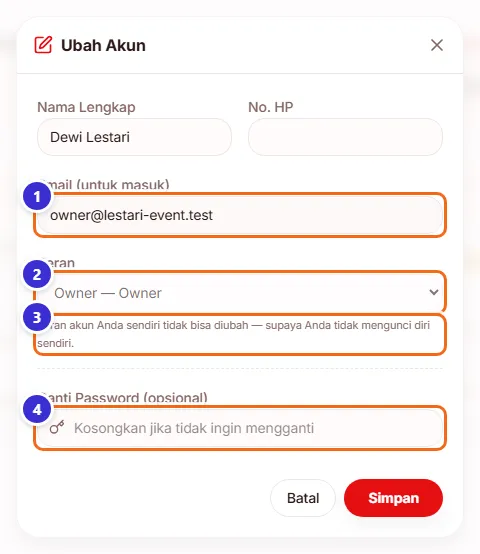 Jendela Ubah Akun milik owner dengan pilihan peran terkunci