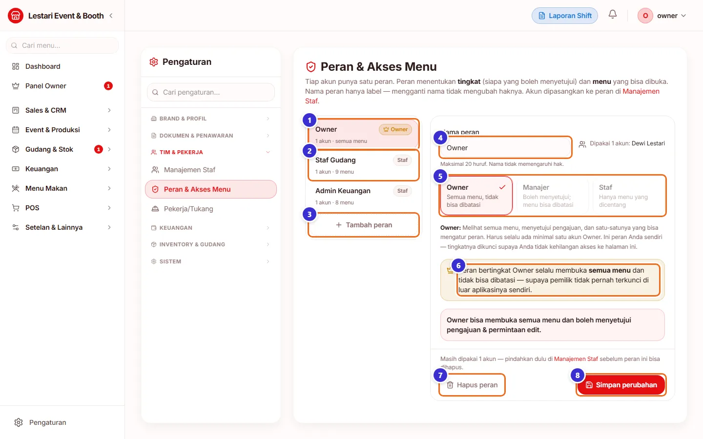 Halaman Peran & Akses Menu dengan peran Owner terpilih