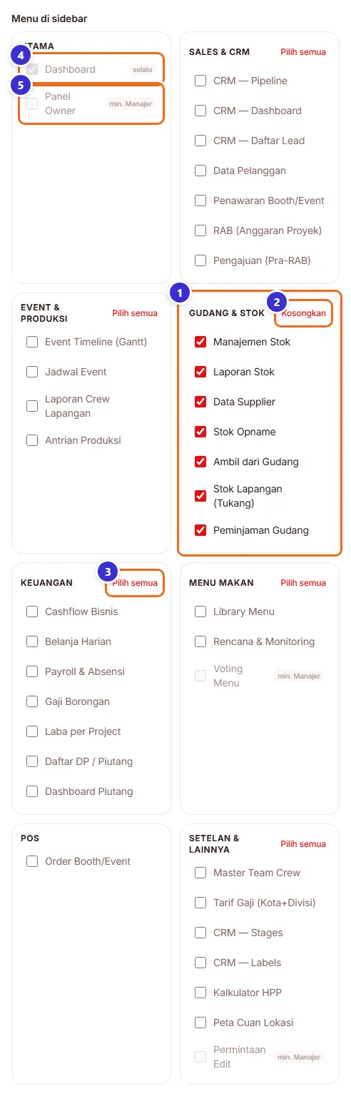 Daftar centang menu sidebar dengan kelompok Gudang & Stok tercentang semua