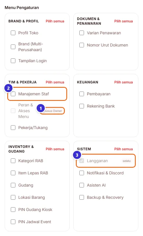 Daftar centang menu Pengaturan
