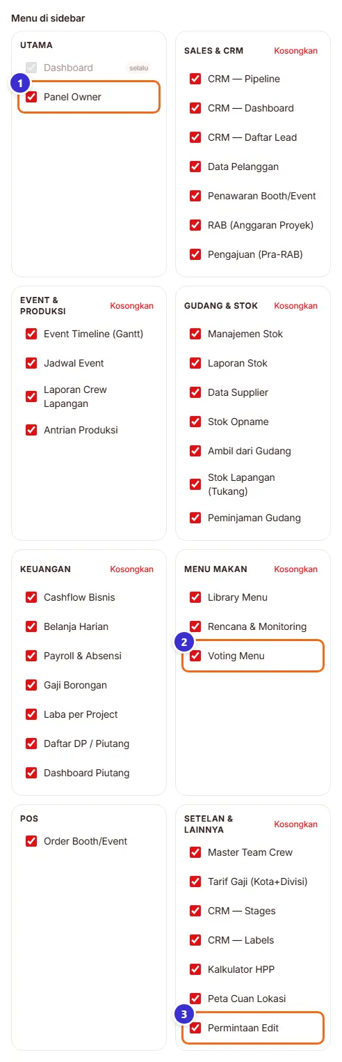 Semua menu sidebar tercentang untuk tingkat Manajer