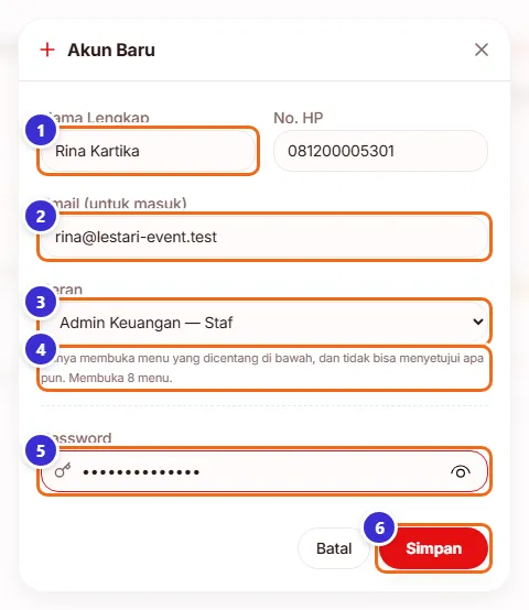 Jendela Akun Baru dengan peran Admin Keuangan — Staf