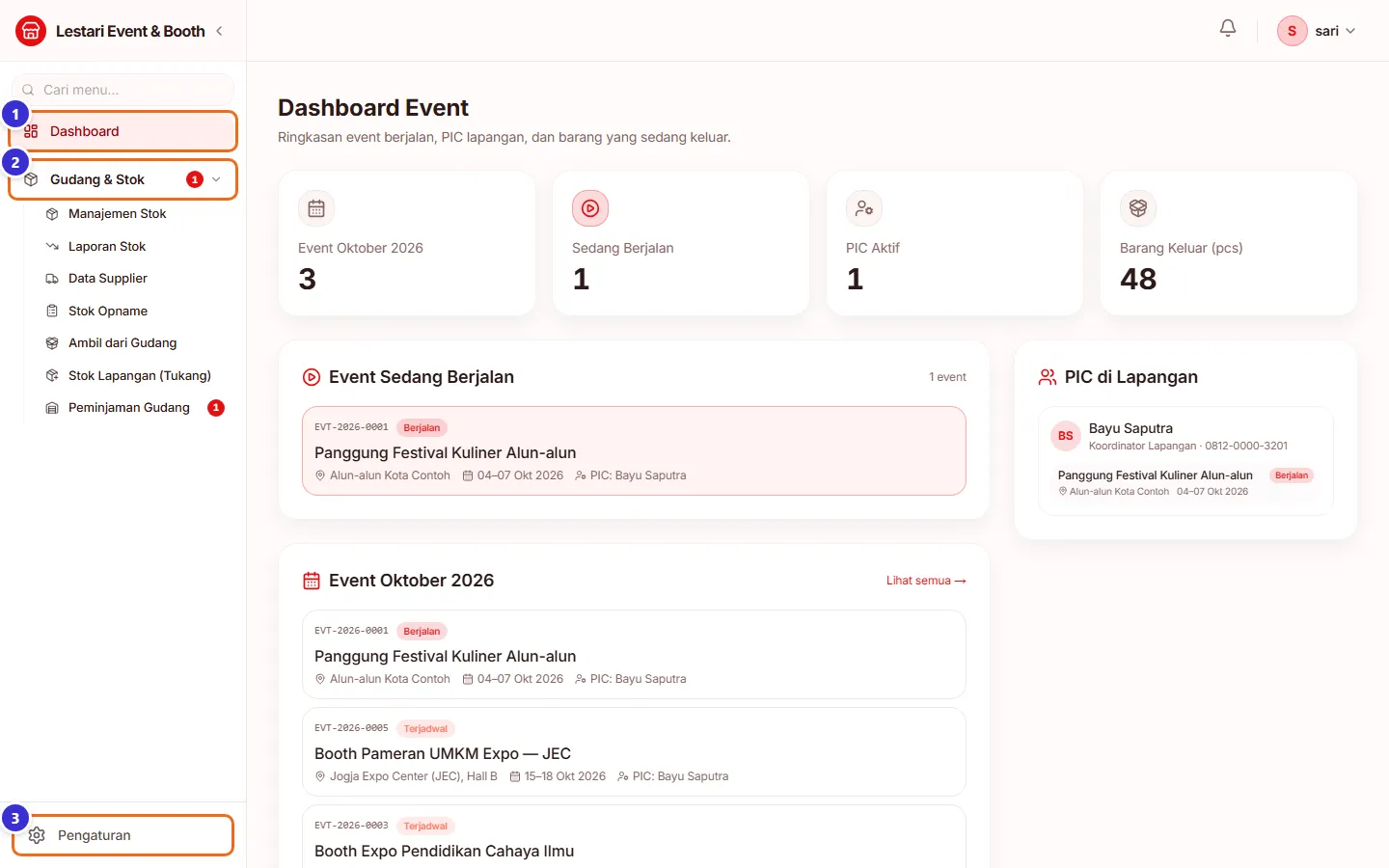 Sidebar staf gudang hanya berisi Dashboard dan Gudang & Stok