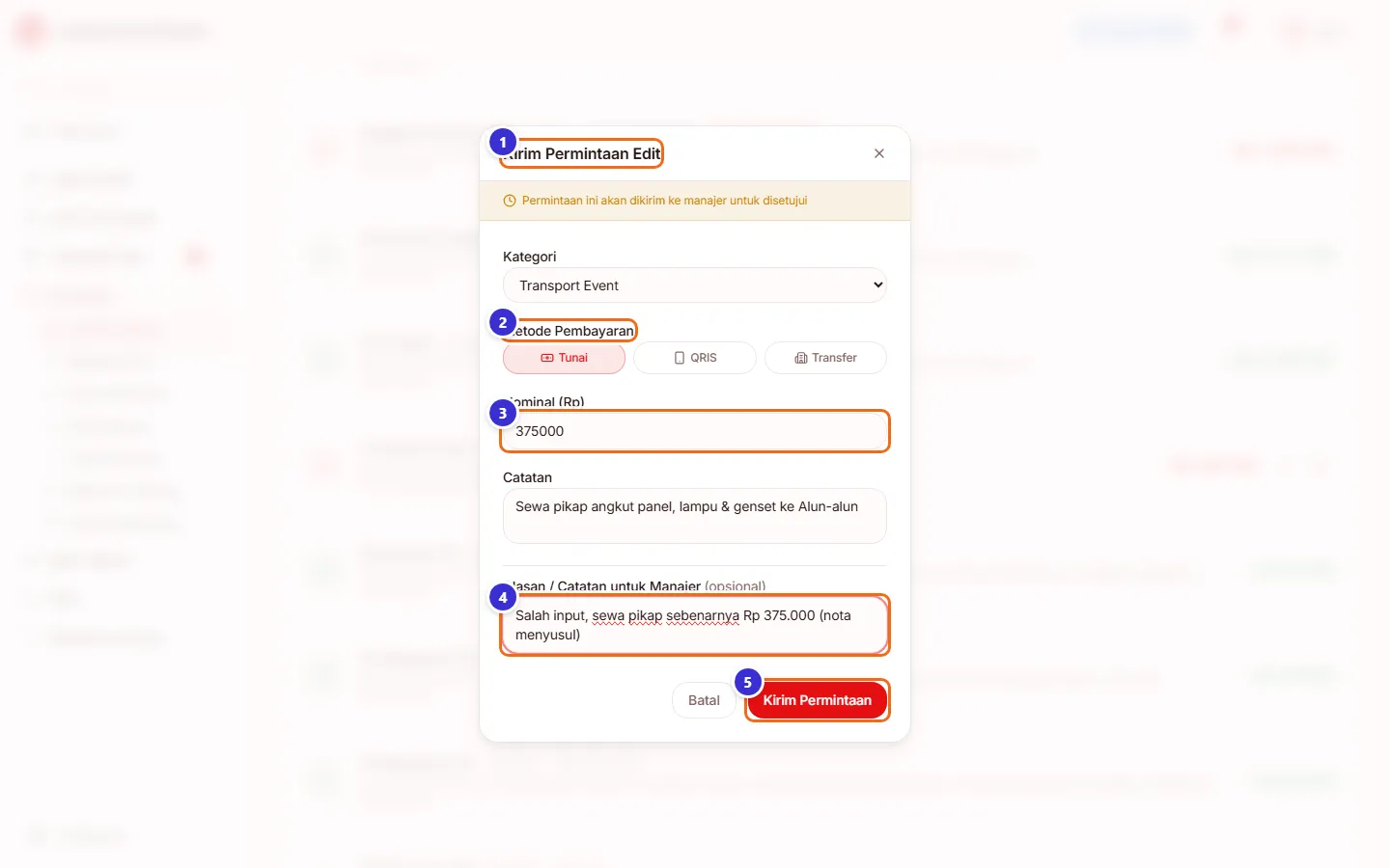 Jendela Kirim Permintaan Edit cashflow