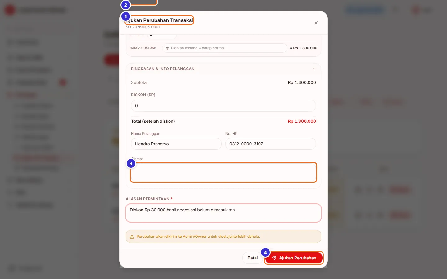 Jendela Ajukan Perubahan Transaksi