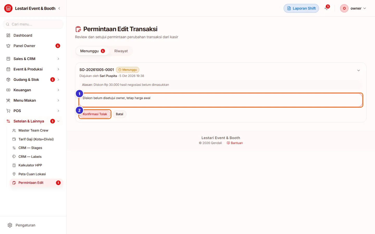 Kolom alasan penolakan