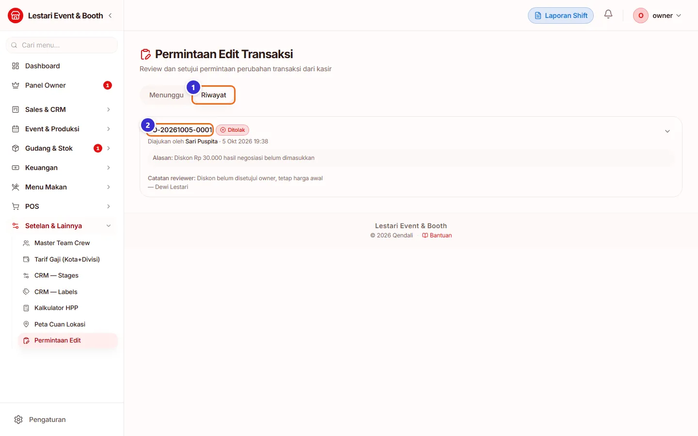 Tab Riwayat Permintaan Edit Transaksi