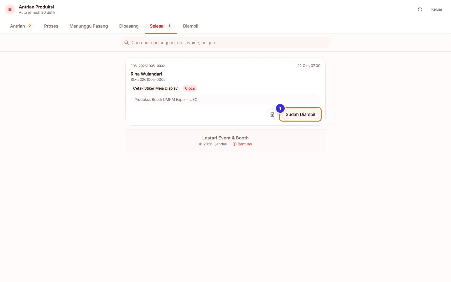 Tab Selesai dengan tombol Sudah Diambil