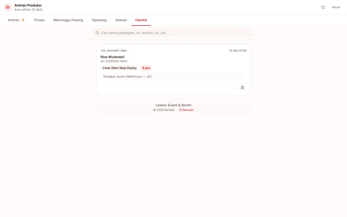 Tab Diambil berisi job yang sudah diserahkan